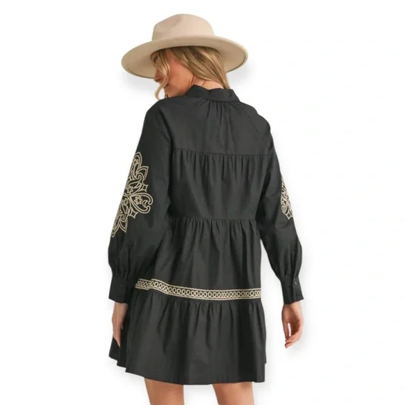 Elegant Button Down Black and Cream Embroidered Long Puff Sleeve Mini Dress - Picture 3 of 16